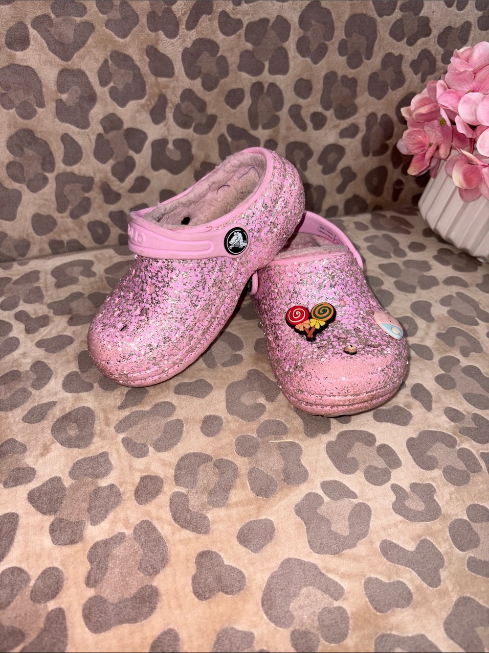 CROCS Kids Pink Glitter Clogs with Fun Charms